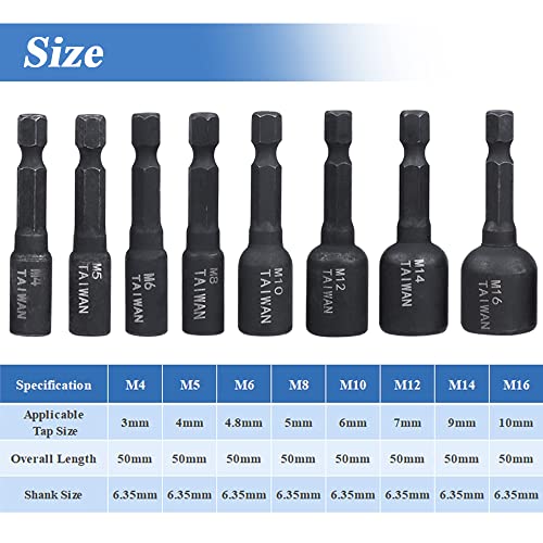 Eyech 8Pcs Machine Tap Socket Wrench Set,1/4 Inch Hex Shank Alloy Steel Air Screwdriver Socket Adapter Driver Thread Tap Adapter M4/M5/M6/M8/M10/M12/M14/M16 For Diy Handworking, Auto Repair #TOP1
