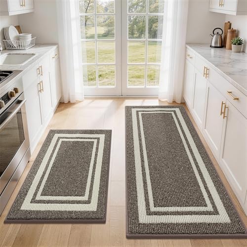 COSY HOMEER Kitchen Rugs Non-Slip 24x35/24x60 Inch Thick Polypropylene Standing Mat for Home Machine Washable, Brown Frame Brown White 24"x35"+24"x60"