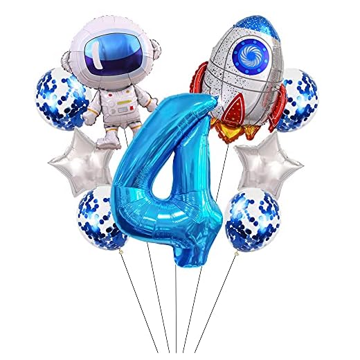 Liitata Juego de globos espaciales para cumpleaños infantiles, 4 globos de papel de aluminio, color azul, gran astronauta cohete, globos, estrella y confeti, globos para niños, fiestas temáticas