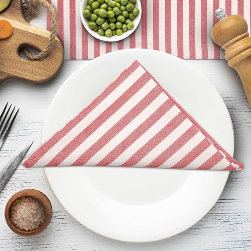 Image of Cotton Mercerised Dining Table Napkins, Set of 4, Solid Plain Colour, Heavy Weight,More Than 2 cm Mitered Hem,Washable at 40C (Red Stripe, 45 X 45 Cms)