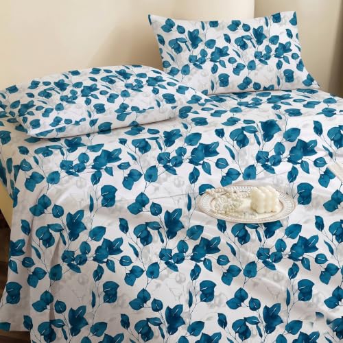Image of IVAZA 240 TC Soft Ezyption Cotton Floral Print King Size Bedsheet - with 2 Pillow Covers, Hypoallergenic, Brethable, (Size- 90 x 90 Inch) White Blue Leaf