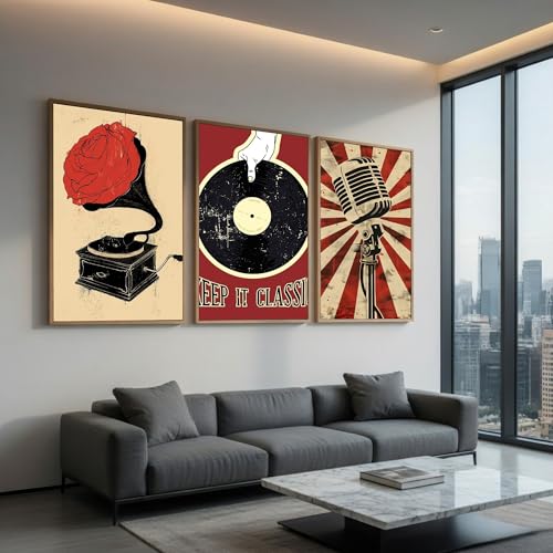 Image of DAKSHESTRY ARTWORKS Retro Music Wall Art Set of 3 with Frames | Minimalist Posters | Modern Aesthetic Music Decor for Bedroom, Living Room, Studio | Wooden Frame Ready to Hang