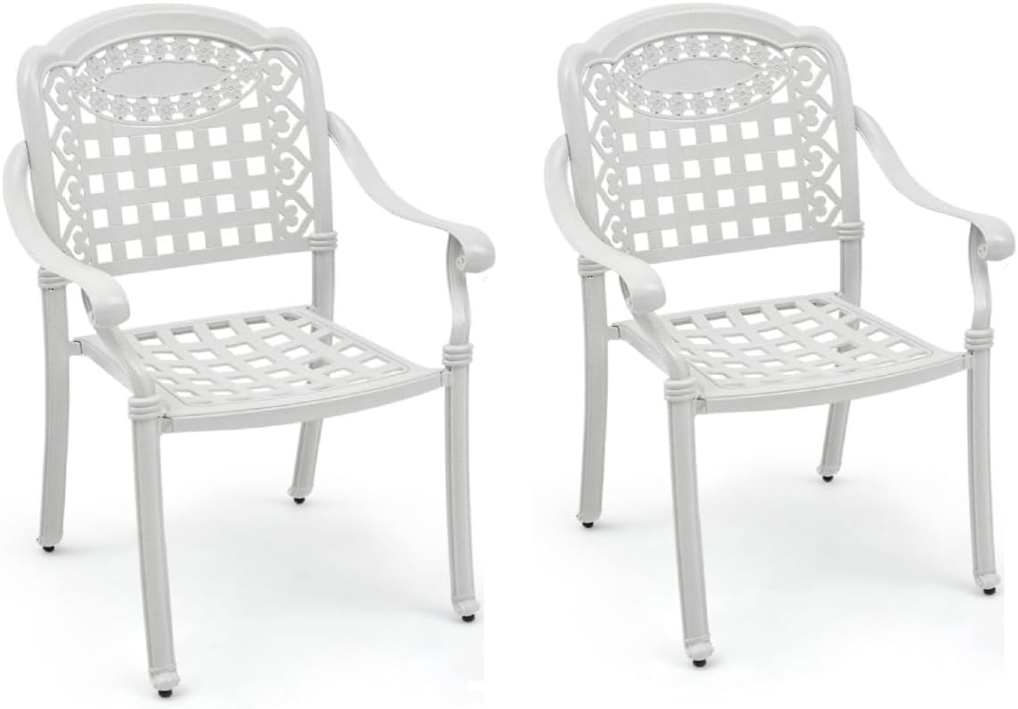 GiantexUK Set of 2 Dining Chairs, Stackable Cast Aluminum Chairs with Adjustable Foot Pads, All Weather Arm Chairs for Backyard Garden Balcony (Grid Pattern, White)
