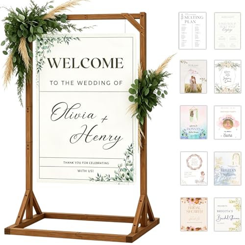 Merrifete Wooden Welcome Sign Stand, Heavy Duty Adjustable Sign Holder Stand Wood Easel w/ Poster Design Templates for Wedding, Bridal Shower, Baby Shower, Birthday Party, 62" x 30" x 20"