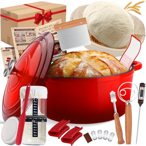 Olla redonda de hierro fundido esmaltado de 26cm, cacerola de 5QT con tapa a prueba de horno para cocinar, estofar, guisar, asar, hornear pan - rojo cereza