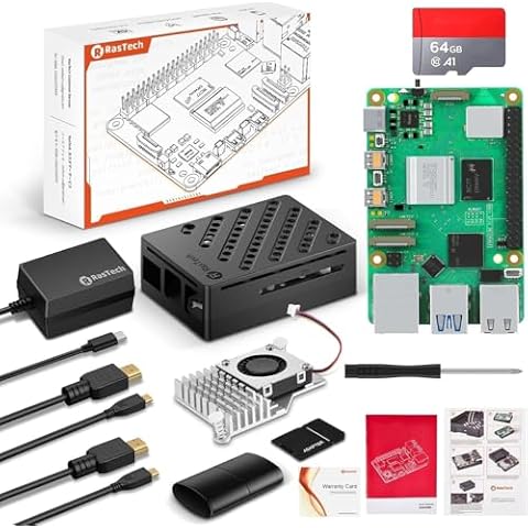 RasTech Raspberry Pi 5 8GB Kit 64GB Edition with Active Cooler,27W 5.1V5A USB-C Power Supply,Pi5 8GB Board,64GB Card Readers Kit,Pi 5 Case,Dual 4K Micro HD Out Cables and User Manual Cover