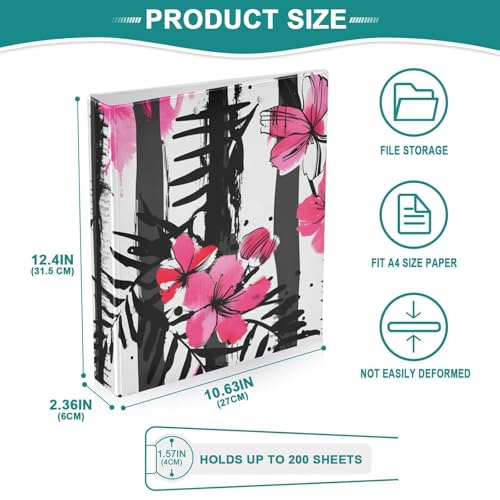 Image of 3 Ring Binder Stripes Black White Tropical Pink Flower 1.5 inch Binders Three Ring Binders with Clipboard Fit 8.5'' x 11'' Paper 3 Interior PVC Clear Pockets for Office Supplies