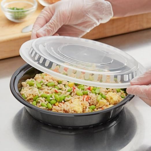 48 Oz 9" Black Microwaveable Round Flat Bowl With Clear Lid Combo 150/Case