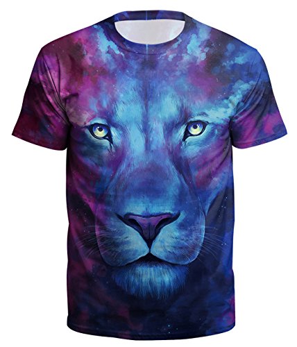 Ocean Plus Hombre Impresión Casual Redondo Camiseta Deportiva Manga Corta Estampado Animal Galaxia Cráneo Tops Streetwear (XXL/175-180, León Colorido Azul Oscuro) Cover