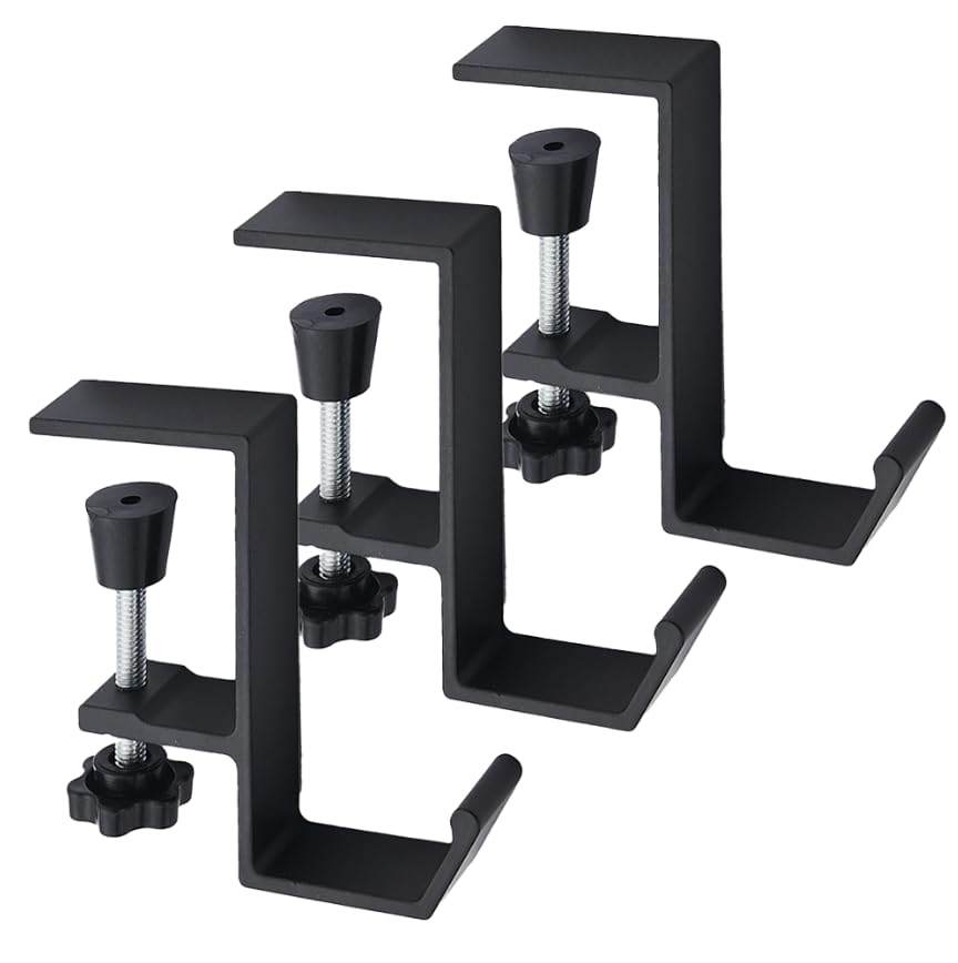3 Pack Under Desk Mount Bag Holder Hook Clamp,Headphone Holder Backpack Hook,Desk Hook with Adjustable Arm Clamp (Black-A 3pc)