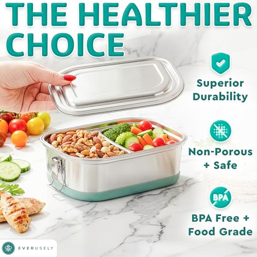 Stainless Steel Bento Box - Tiered Lunch Box - 2 Compartments Metal Container with Leakproof Lid - Removable Compartmented Layer to 1 Large Portion Section - Work Friendly Lunchbox - by Everusely by Everusely - Used condition - Image 8