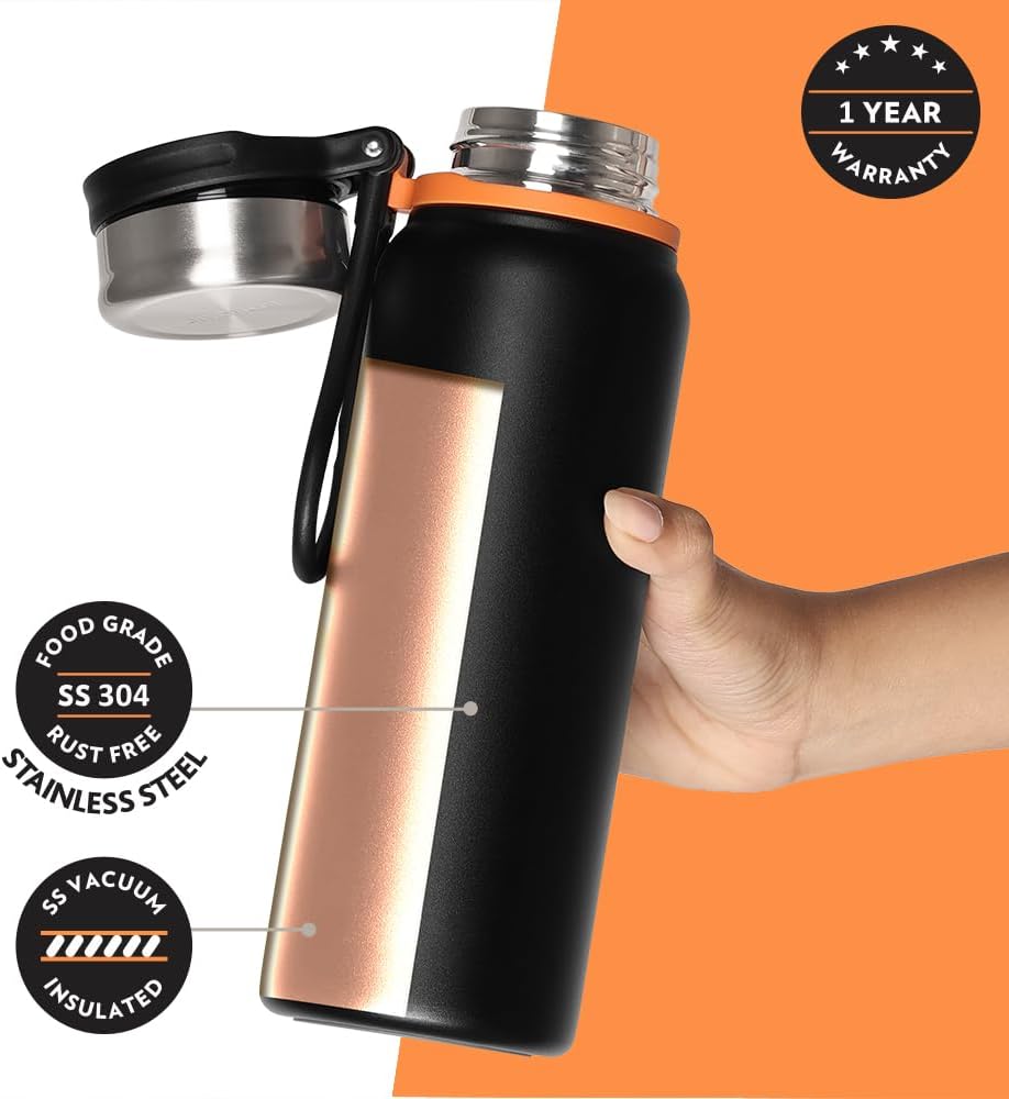 Borosil Hydra Aquafit 830 ml Black Stainless Steel Water Bottle | Double Wall Vacuum Insulated Thermo Flask | 14 hrs Hot & 16 hrs Cold | Leakproof, Wide Mouth, Strap | Bottle for Gym, Office, School