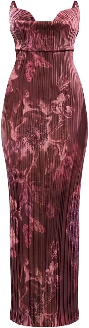 LASPIA Cowl Neck Dress Sexy Strap Shoulder Pleated Maxi Dresses Summer Wedding Guest Dresses for Women