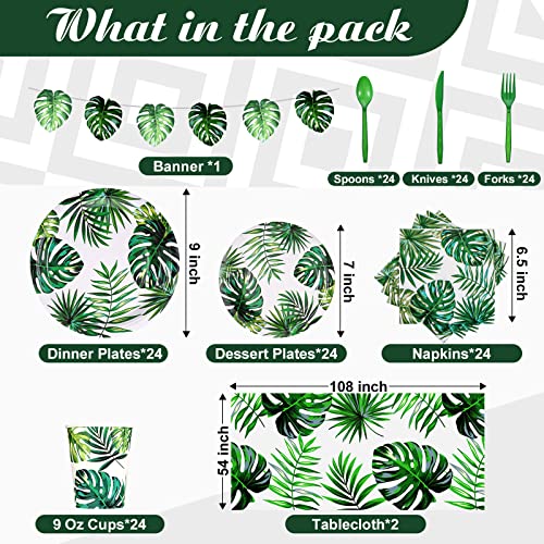 Rtteri 171 Pcs Hawaiian Luau Party Supplies Tropical Palm Leaves Tableware 24 Disposable Party Dinnerware Set With Plate Napkins Tablecloth For Summer Pool Beach Cocktail Birthday Party #TOP26