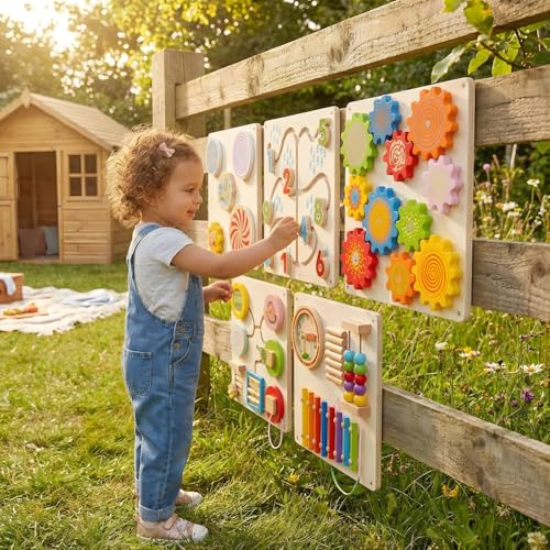 Image of Wall Mounted Sensory Activity Board Set of 5 for Toddlers 1-4 Years - Wooden Montessori Learning Panels with Gears, Numbers, Shapes & Xylophone for Nursery & Playroom | Blue Bells Toys