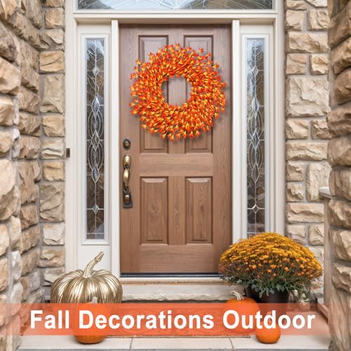 26 Inch Realistic Fall Wreaths for Front Door Outside Autumn Wreath Outdoor Indoors Fall Decorations for Home Thanksgiving Halloween Holiday Decorations Clearance for Wall Porch Door (Orange) — view 2