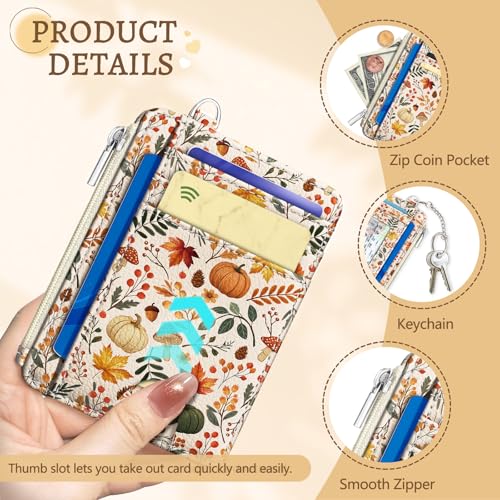 Image of Kelvoris Fall Leaf Credit Card Holder Small Wallet Women Slim RFID Keychain | Keychain, Zipper Coin Pocket, Front Pocket Thin Travel Card Case, Minimalist, 6 Card Slots, 1 ID Window, Ladies Gifts Woman