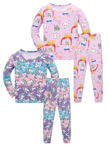 SOIBEEN Pajamas for Girls 4-Piece Set Kids Sleepwear Top and Bottom Pajama Set for Children 1-2 Years Unicorn Princess Pattern