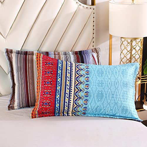 Boho Quilt Sets Bohemian Red Blue Colorful Stripe Quilt Bedspread Set Southwestern Bohemian Design 3 Piece Bedding Sets(Queen, Blue) #TOP5