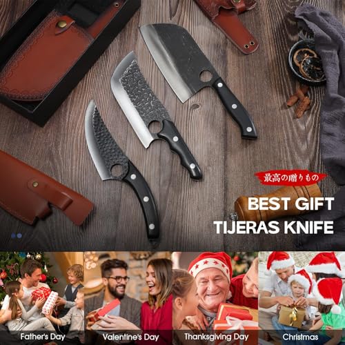 TIJERAS Butcher Knife Set, 3PCS Hand Forged Meat Cleaver, Serbian Chef Knife, Viking Knives with Sheaths, Meat Cutting Chef Knives Set for Kitchen Camping BBQ, Gifts for Men and Women - Image 6