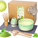 KDISHKRA 8 Pièces Matcha Kit, Ensemble à Matcha - Bol Matcha Bec Verseur, Fouet a Matcha, Support pour Fouet à Matcha, Tamis à Matcha, Cuillere mat-cha etc, pour La Cérémonie Du Thé Matcha (Vert)