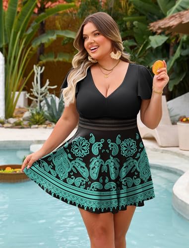 Arolina Swimsuits for Curvy Women Tankini Bathing Suits Swim Dress Swimwear Curvy Full Coverage Bathing Suit Black Paisley - image 4