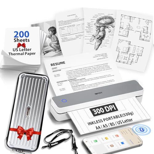 Image of Inkless Portable Printer for Travel, Wireless Thermal Printer with 1 Case and 200pcs Paper Kit Supports 8.5 x 11 inch US Letter, A4, 610Pro 300DPI Small Bluetooth Printers for Phone Home Office Car, Grey