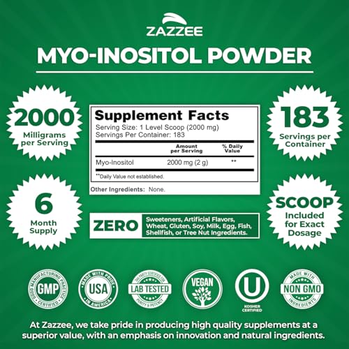 Zazzee Myo-Inositol Powder, 6 Month Supply, 183 Servings, 2000 mg per Serving, Free Scoop for Exact Dosage, 12.91 Ounces, 100% Pure, All-Natural Fertility and Reproductive Support, Vegan, Non-GMO - Thumbnail 2