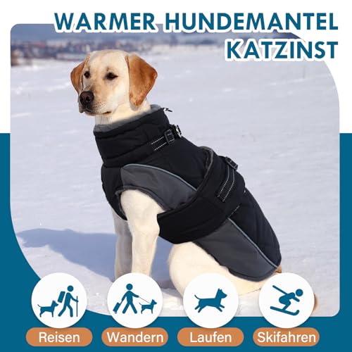 Katzinst Hundejacke Winter Schwarz L, Fleece Wintermantel Hunde mit Hohem Fleece-Kragen, Hundemantel mit Bauchschutz, Warmer Hundemantel Wasserbeständig für Dalmatiner, Cocker Spaniel, Schwarz, L