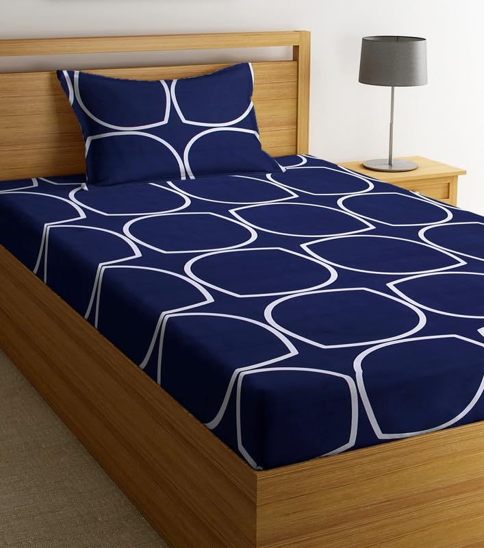 Image of Jashan Premium Glace Cotton 180 TC Flat Single Bedsheets for Summer Breathable | Wrinklefree (Size-60 X 90 Inch) with 1 Pillow Covers (Size-17 X 27 Inches, Dark Blue & White)