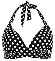 Balasami Women's Vintage 50s Halter Neck Tie Knot Back Soft Molded Padding Bikini Top Swimsuit Bathing Suit Tops Only, Black Polka Dot, 10-12
