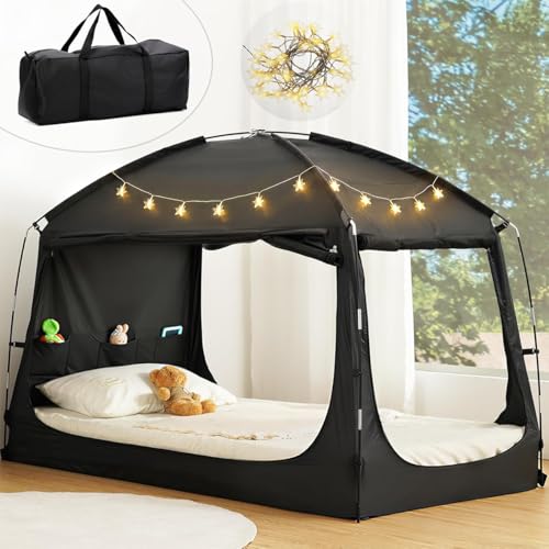 Twin Bed Tent for Adult and Kids, Blackout Bed Tents Reduction 99% Sleeping Tents for Indoor, Portable Tent with Star Light & Storage Bag Breathable Private Space with 3 Doors