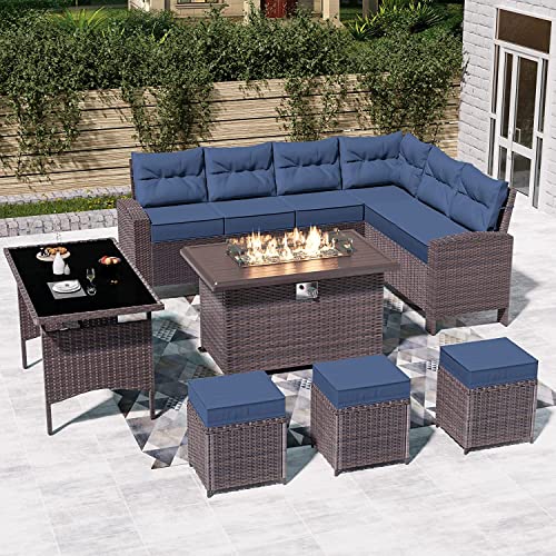 Kullavik 8 Pieces Outdoor Patio Furniture Set Wicker Rattan Dining Sofa Outdoor Sectional Conversation Set with 43" 55000BTU Gas Fire Pit Table,Navy Blue Kullavik 8 Pieces Outdoor Patio Furniture Set Wicker Rattan Dining Sofa Outdoor Sectional Conversation Set with 43" 55000BTU Gas Fire Pit Table,Navy Blue