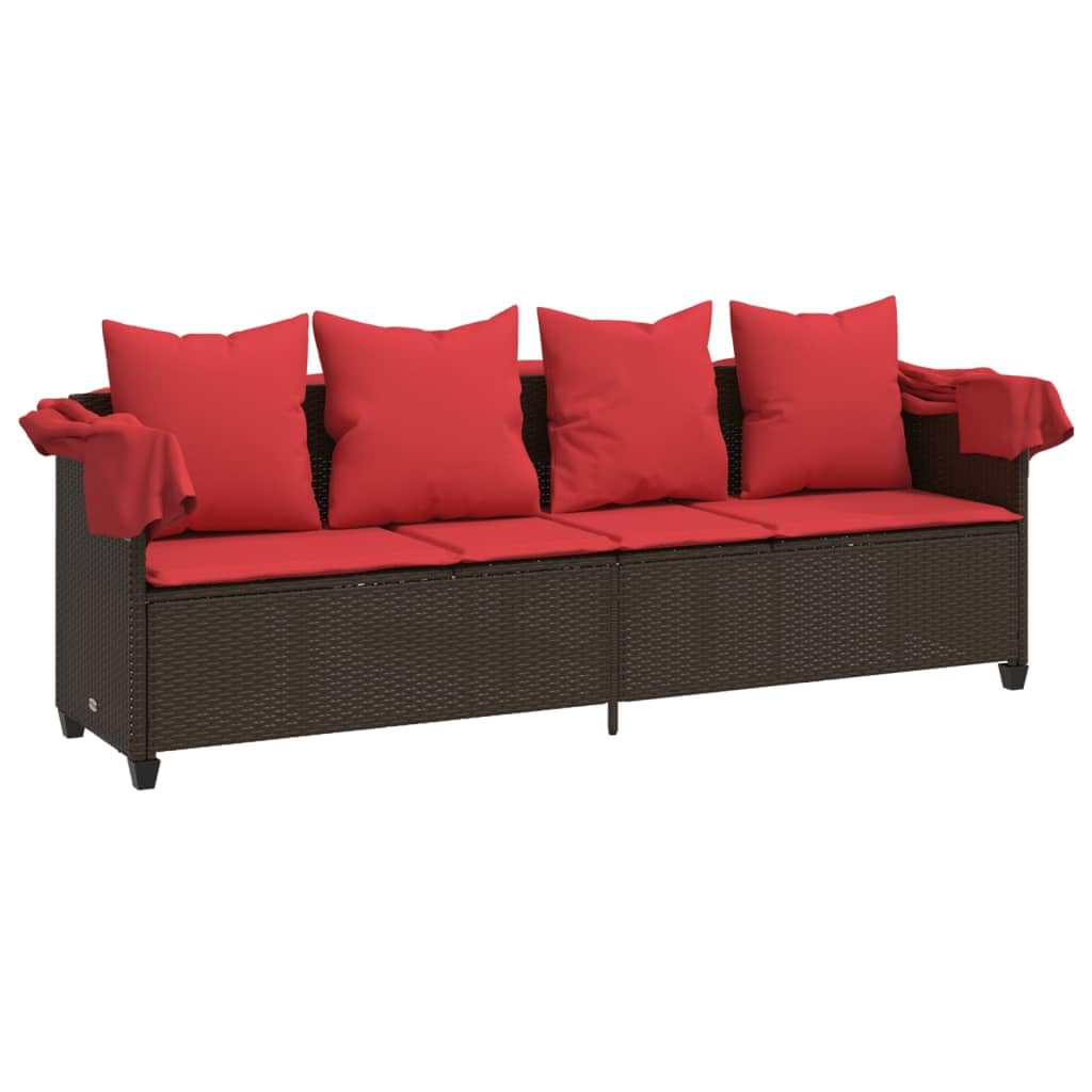 Leżak ogrodowy z wysuwanym dachem, brązowy rattan PE 204 x 75 x 140 cm, regulowane oparcie i podnóżek, z poduszką do siedzenia do 110 kg