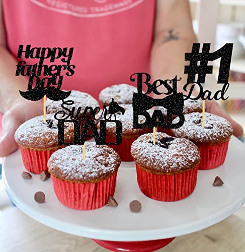 Cavla 36 Pieces Happy Father's Day Cupcake Toppers Black Glitter Super Dad No.1 Dad Best Dad Fathers Day Cupcake Picks With Beard Tie Signs Father's Day Cupcake Decorations Dad's Day Party Supplies #TOP4