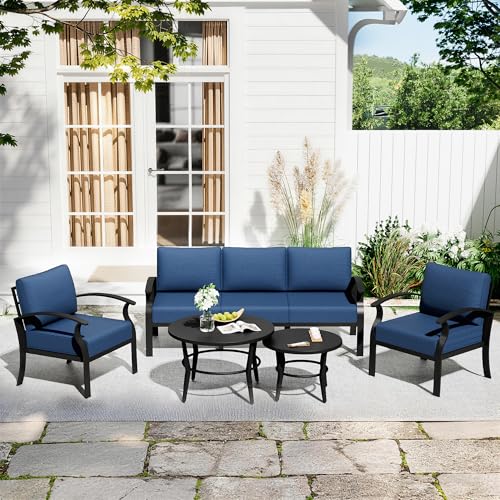 Image of Aluminum Patio Furniture Set with 2 Round Coffee Tables, 5 Seats Outdoor Patio Conversation Sets w /5.1 inch Cushions,Patio Conversation Sets for Garden, Backyard, Porch-Navy