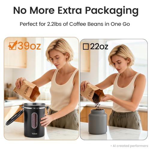 Image of Veken Coffee Canister with Window, 39OZ Large Airtight Stainless Steel Jars | Kitchen Food Storage Pantry Container for 2.2lbs Beans,Ground,Espresso,Rice,Tea,Sugar,Bar Accessories,Gifts,Lids, Scoop,Black