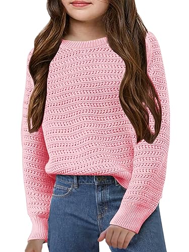 Girls Knit Sweaters Kids Fashion Chunky Crewneck Pullover Jumper Tops 5-14 Years Pink