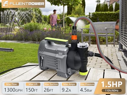 Image of FLUENTPOWER 1.5HP Automatic Garden Booster Pump with Integrated Prefilter, 1300GPH, Lift 150FT, Portable Shallow Well Jet Pump, Water Transfer Draining Pump for Home Garden Lawn Sprinkler Irrigation