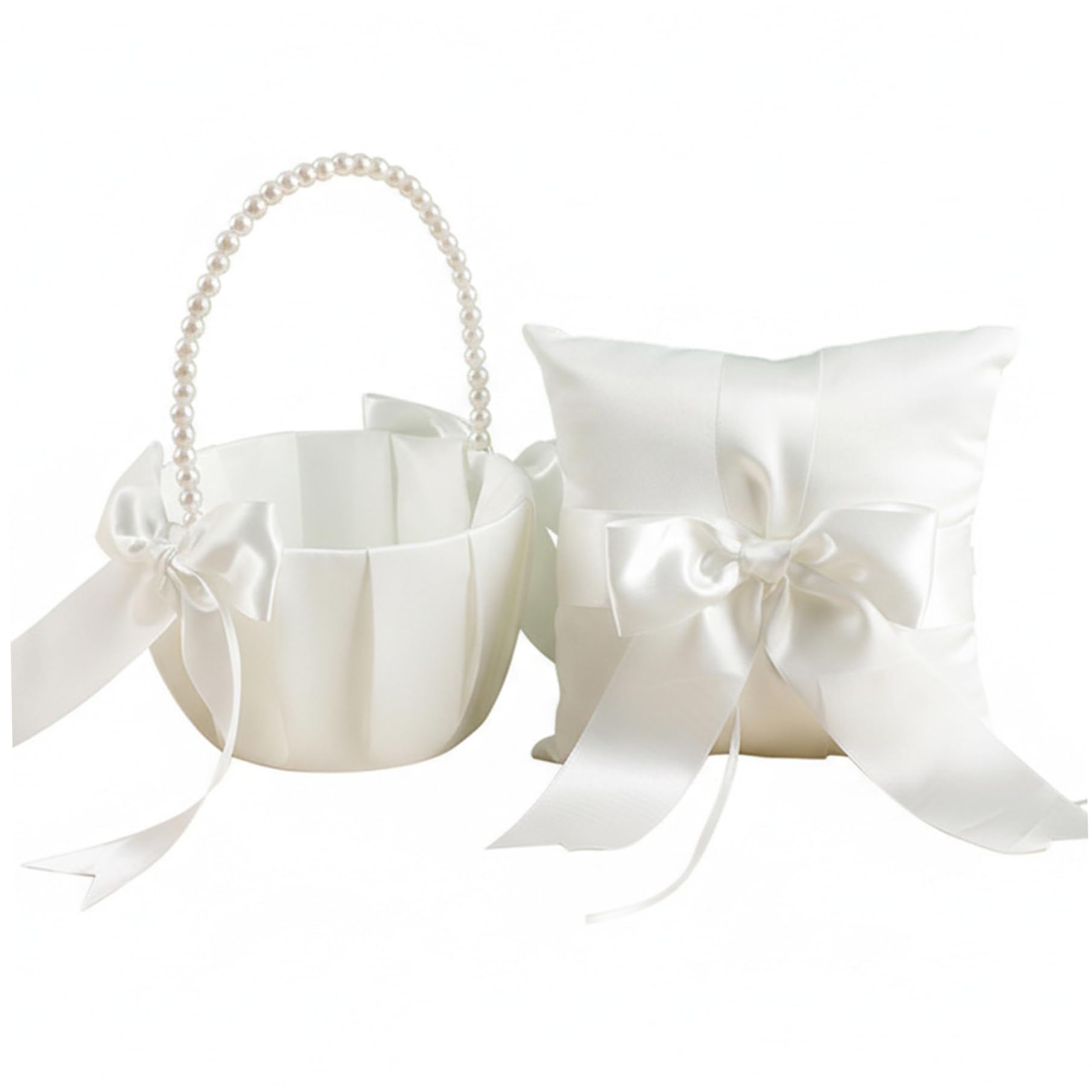 Uanqfegy Elegant Flower Girl Basket and Ring Bearer Pillow - Wedding Ceremony Accessories with Pearl Accents White Satin for Girls