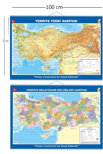 70x100 cm çift taraflı Türkiye haritası, siyasi ve fiziki, çıtalı askılı