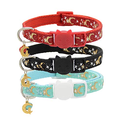 Cat Breakaway Collars with Bell and Moon Pendant, Adjustable Safety Puppy Collars, Glow in The Dark