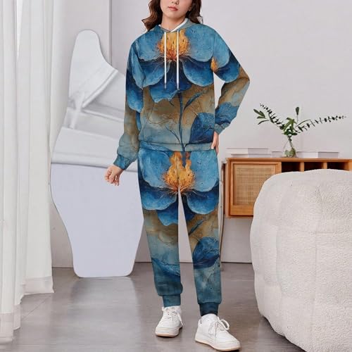 Boys Girls Sweatshirt Pullover Hoodie & Pants Kid Active Sweatsuit Tracksuit, Alchemy Blue Flower Flaming2
