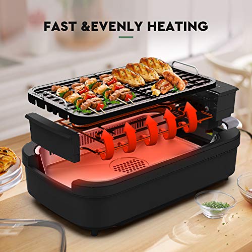 Indoor Smokeless Grill - CSS Electric Grill with Removable Griddle Plate, Non-stick Cooking Surface, LED Smart Control Panel, Tempered Glass Lid, Turbo Smoke Extractor Technology, 1400W, 15\" X 9\" Grilling Surface