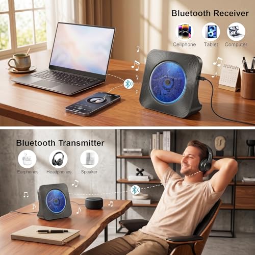 Image of Gueray CD Player Portable Bluetooth Desktop CD Player for Home with Timer Built-in HiFi Speakers with LCD Screen Display Boombox FM Radio USB Type-c (Light Black)