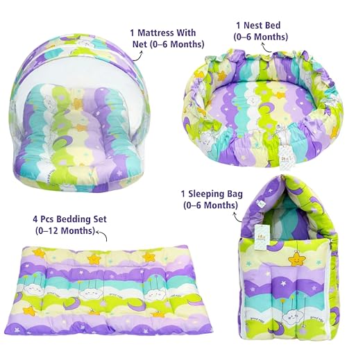 Image of Fareto Combo of Baby Nest | Net with Bed | Carry Bag | 4 Pcs Bedding Set(0-6 Months) (Fullset Nest) (New Star Purpal)