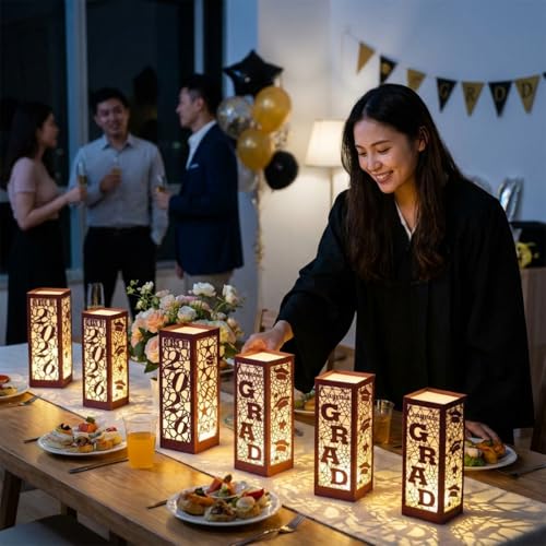 Image of Rossesay 6 Pcs Graduation Table Centerpieces Boxes Class of 2026 Graduation Lanterns for Centerpieces with LED Candles Congrats Grad School College Photo Props for Party Table Decoration (Chestnut)