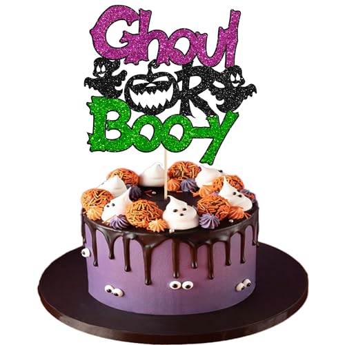 Gyufise 1Pc Halloween Boo-y or Ghoul Cake Topper Halloween Boy or Girl Gender Reveal Cake Topper Decorations for Halloween Baby Shower Gender Reveal Party Decorations Green Purple