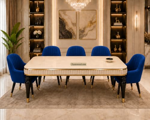 Image of 6 Seater Dining Table Set with 6 Upholstered Chairs Included, Nano Composite Marble Top, Solid Wood Base, 2 Year Warranty - Modern Dining Room Furniture (Blue)