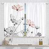 Red Grey Sheer Floral Kitchen Curtains, Flower Window Curtains for Kitchen, Rustic Retro Small Kitch
